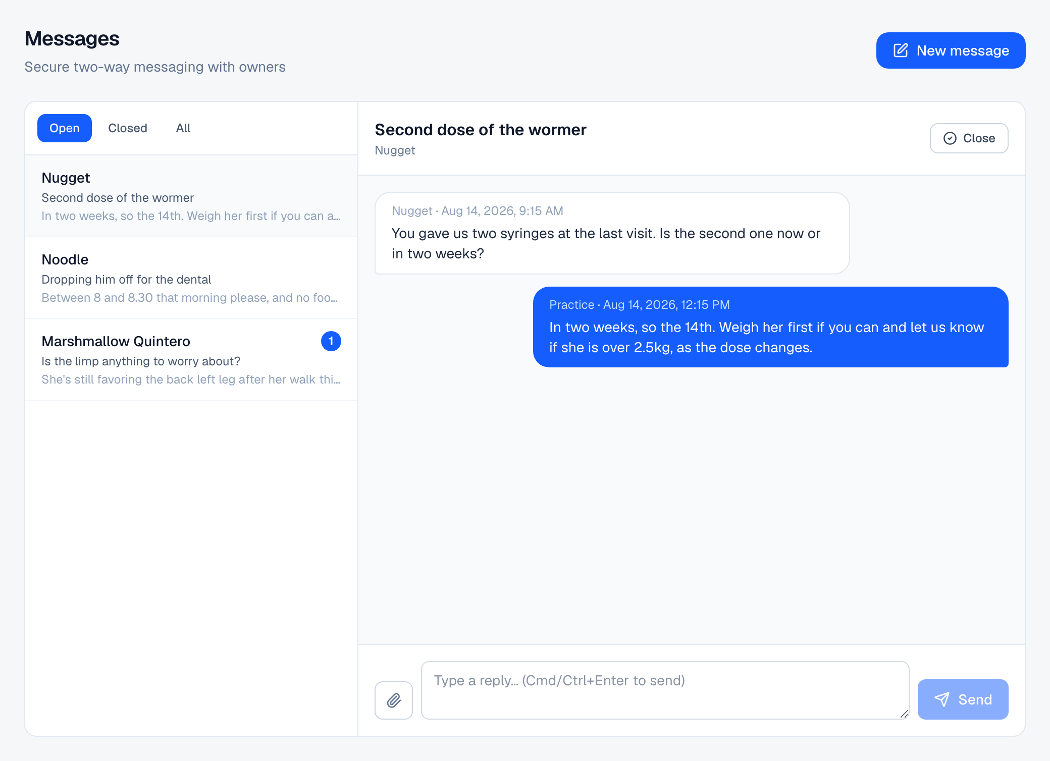 The Messages screen with a thread open: conversations listed on the left, and on the right an owner's question about a wormer dose with the practice's reply beneath it.