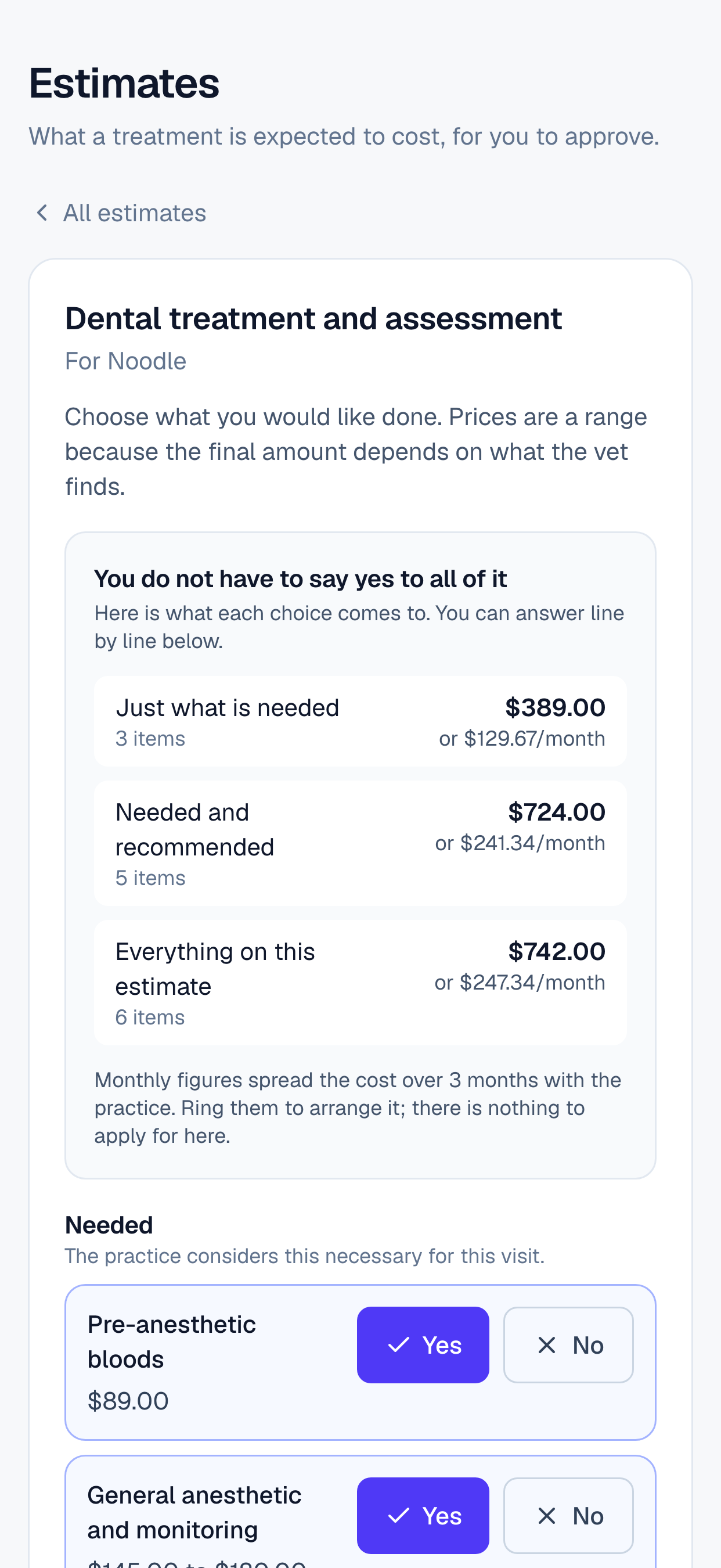 The owner's estimate on a phone, offering three priced choices and a yes or no on every line.