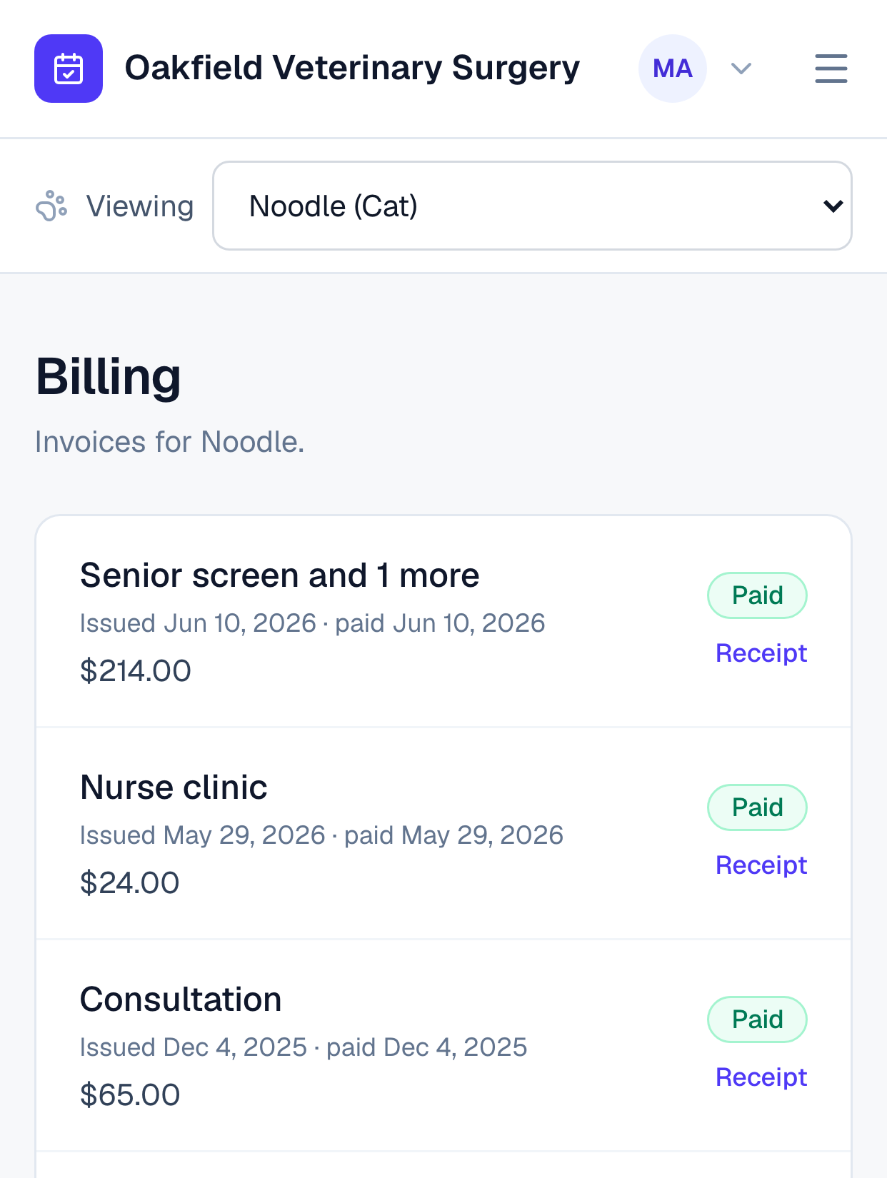 Billing, listing paid invoices with dates and amounts, each with its own receipt link.