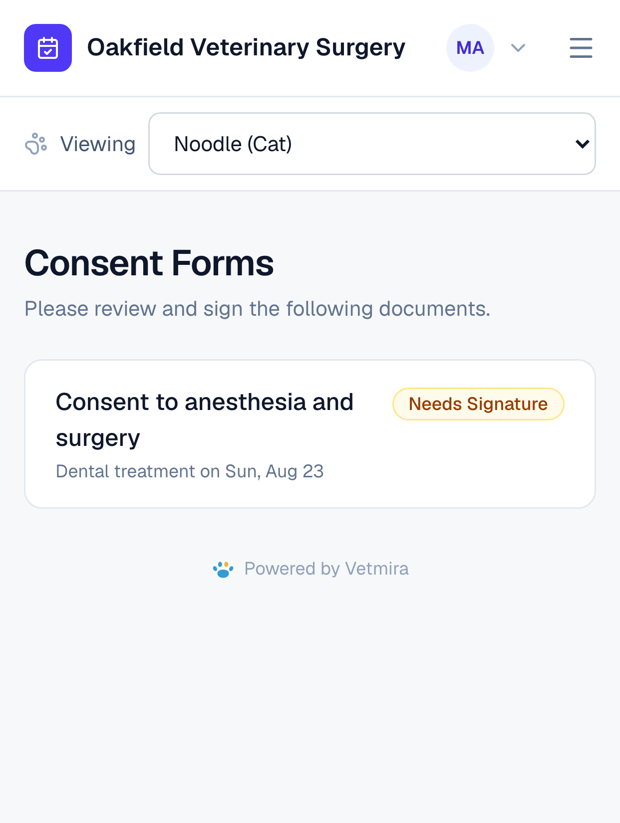 Consent Forms, showing consent to anesthesia and surgery marked Needs Signature.