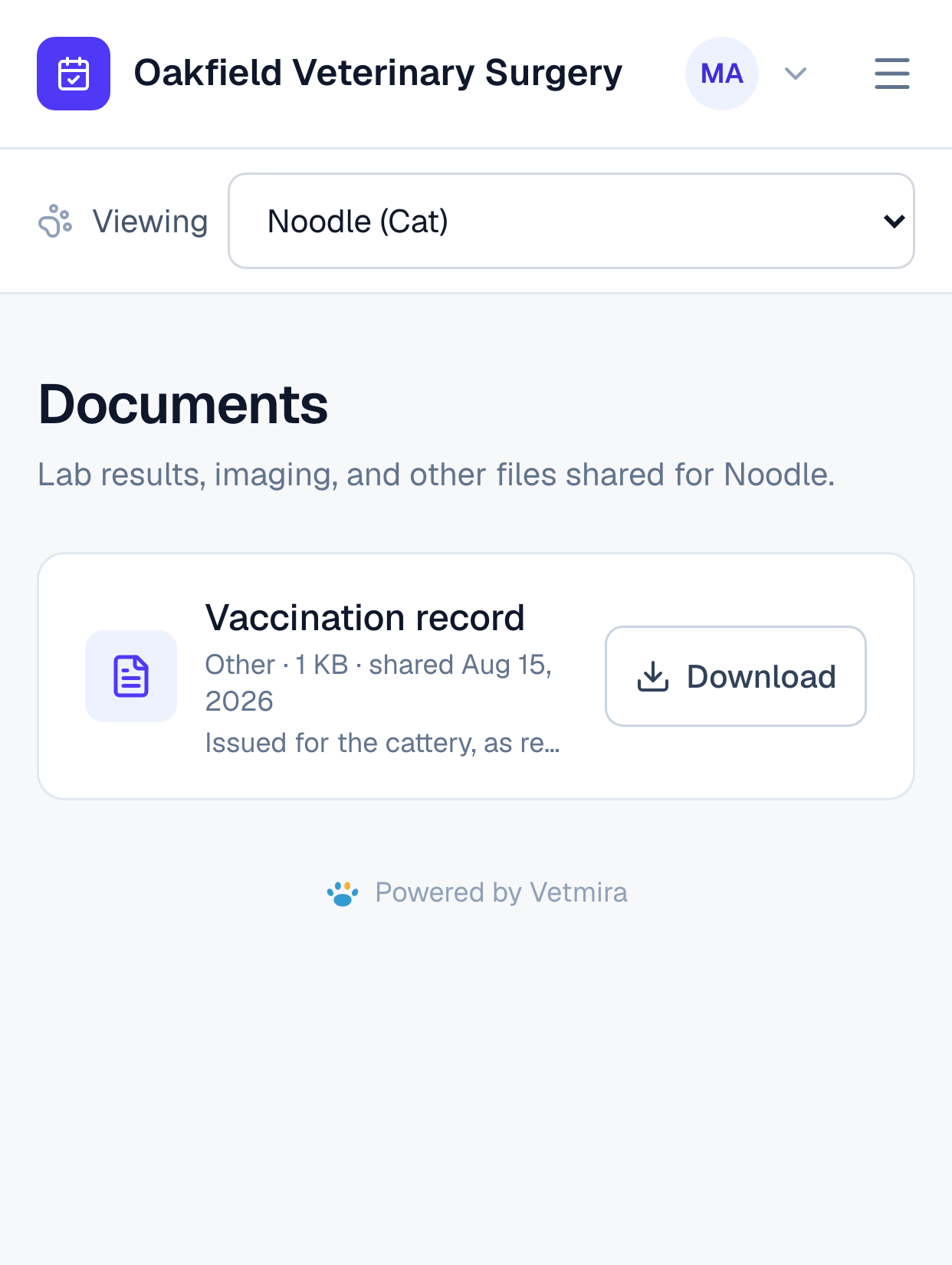 Documents, showing a released vaccination record with a Download button.